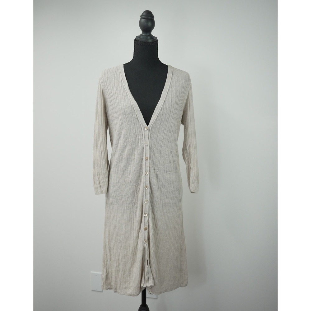 Eileen Fisher Womens Beige Ribbed Duster Button Front Cardigan Organic Linen M